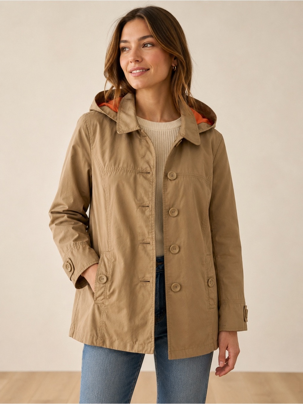 L.L. Bean Tan Hooded Jacket Women’s M Cotton Coat Lightweight Utility Classic